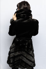 Load image into Gallery viewer, Black Dyed Sheared Mink 3/4 Directional Pattern Coat w/ Belt
