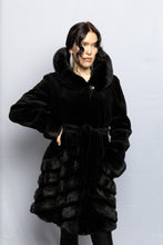 Load image into Gallery viewer, Black Dyed Sheared Mink 3/4 Directional Pattern Coat w/ Belt

