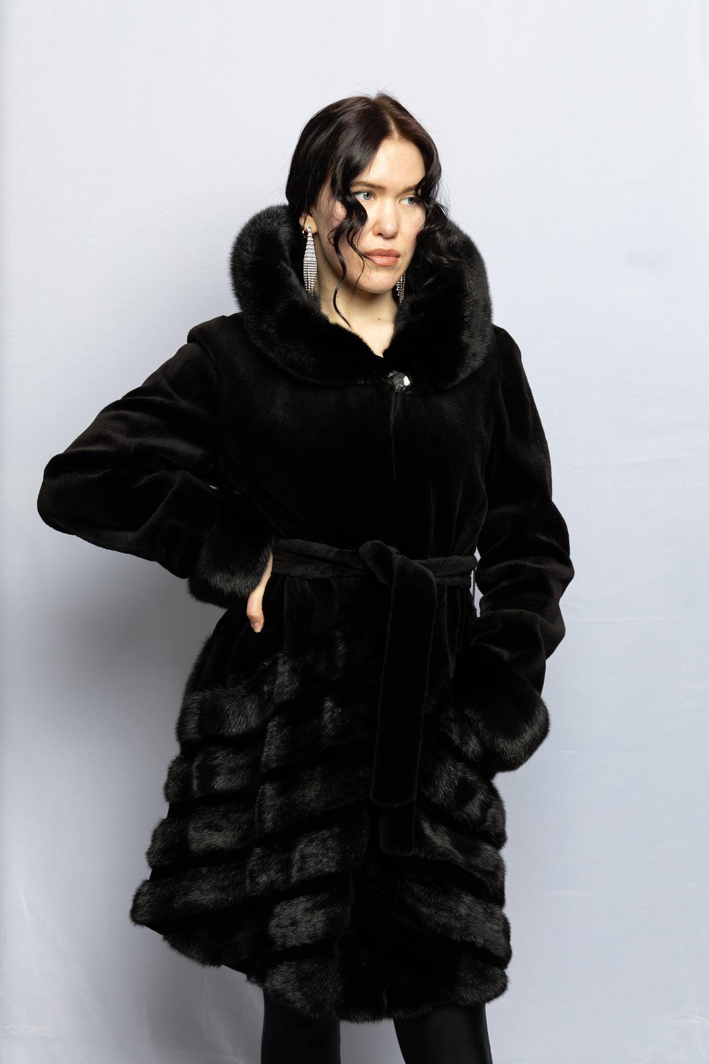 Black Dyed Sheared Mink 3/4 Directional Pattern Coat w/ Belt